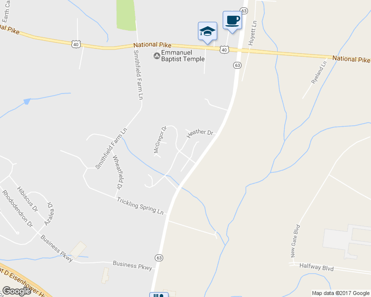 map of restaurants, bars, coffee shops, grocery stores, and more near 12105 Heather Drive in Hagerstown