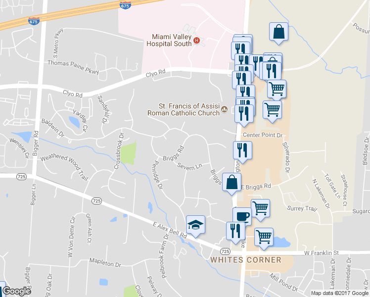 map of restaurants, bars, coffee shops, grocery stores, and more near 2272 Briggs Road in Centerville