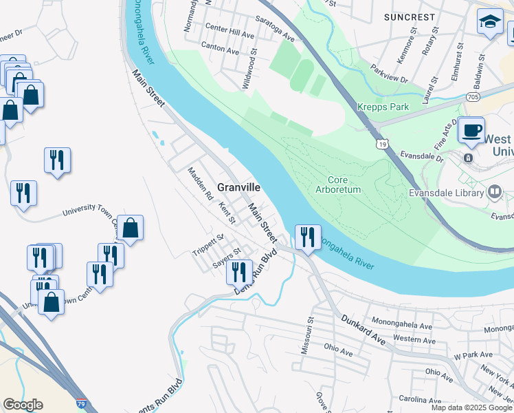 map of restaurants, bars, coffee shops, grocery stores, and more near 1104 Main Street in Granville