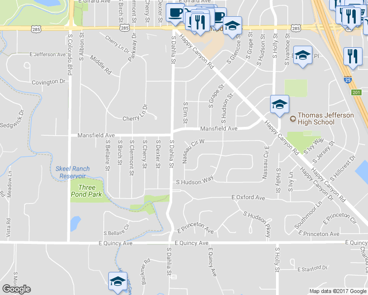 map of restaurants, bars, coffee shops, grocery stores, and more near 3941 Nassau Circle West in Englewood