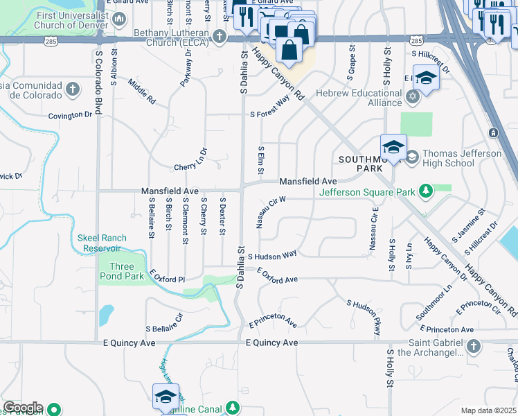 map of restaurants, bars, coffee shops, grocery stores, and more near 3941 Nassau Circle West in Englewood