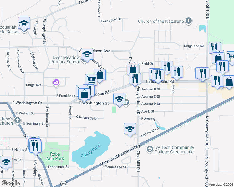 map of restaurants, bars, coffee shops, grocery stores, and more near 842 Indianapolis Road in Greencastle