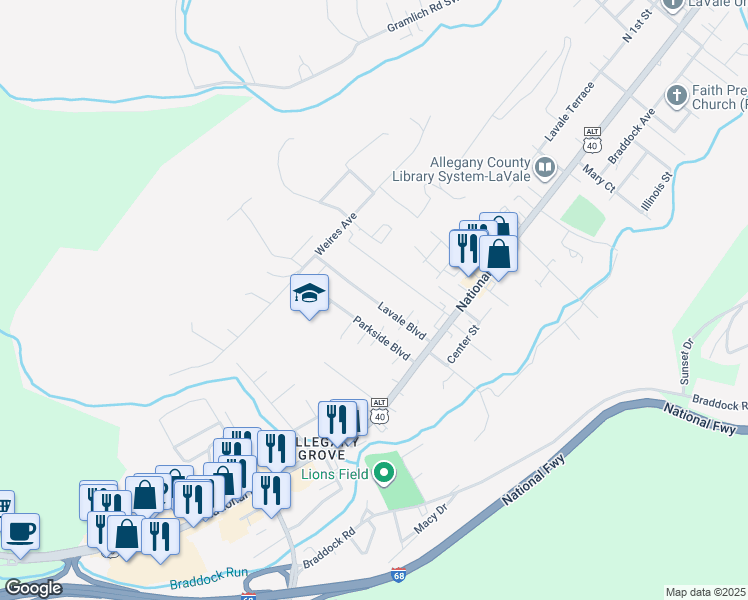 map of restaurants, bars, coffee shops, grocery stores, and more near Lavale Boulevard in La Vale