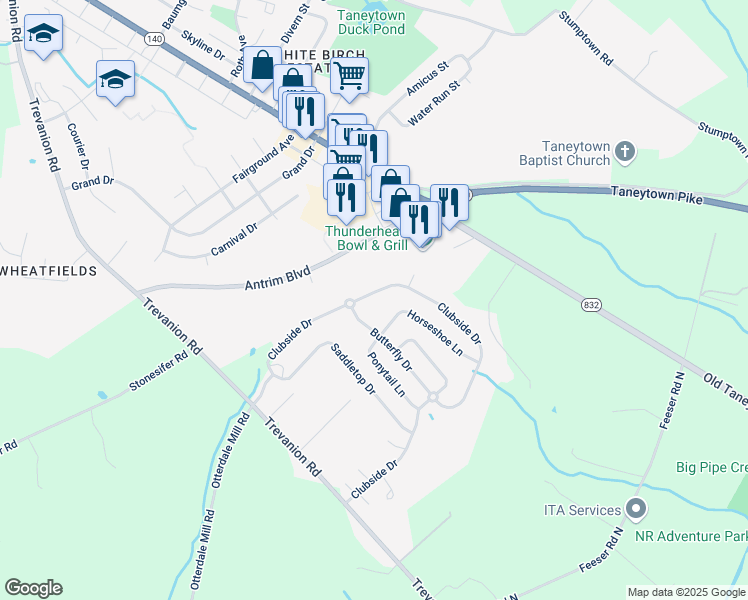 map of restaurants, bars, coffee shops, grocery stores, and more near 207 Clubside Drive in Taneytown