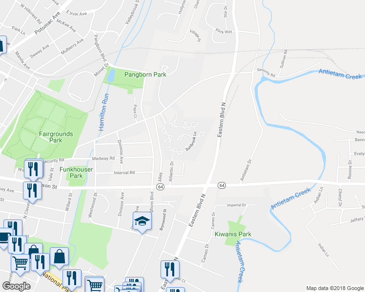 map of restaurants, bars, coffee shops, grocery stores, and more near 164 Sunbrook Ln in Hagerstown
