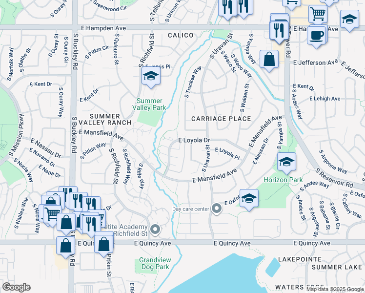 map of restaurants, bars, coffee shops, grocery stores, and more near 3845 South Truckee Way in Aurora