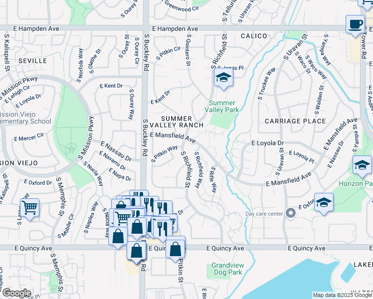 map of restaurants, bars, coffee shops, grocery stores, and more near 3945 South Richfield Way in Aurora