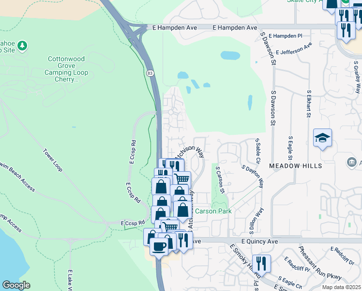 map of restaurants, bars, coffee shops, grocery stores, and more near 3850a South Atchison Way in Aurora