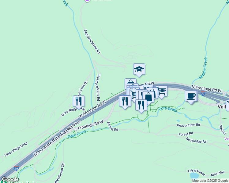 map of restaurants, bars, coffee shops, grocery stores, and more near 715 South Frontage Road West in Vail