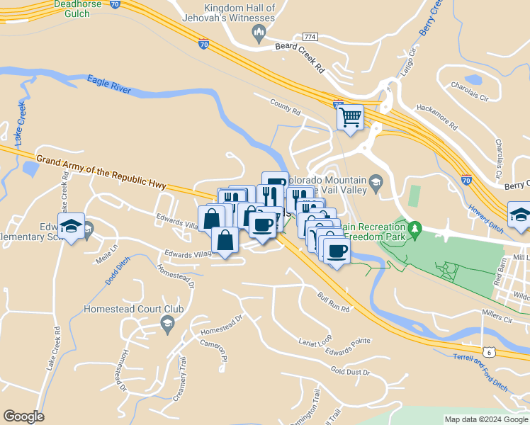 map of restaurants, bars, coffee shops, grocery stores, and more near 34353 U.S. 6 in Edwards