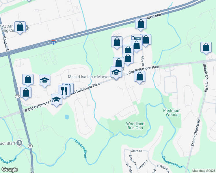 map of restaurants, bars, coffee shops, grocery stores, and more near 1 Burleigh Court in Newark