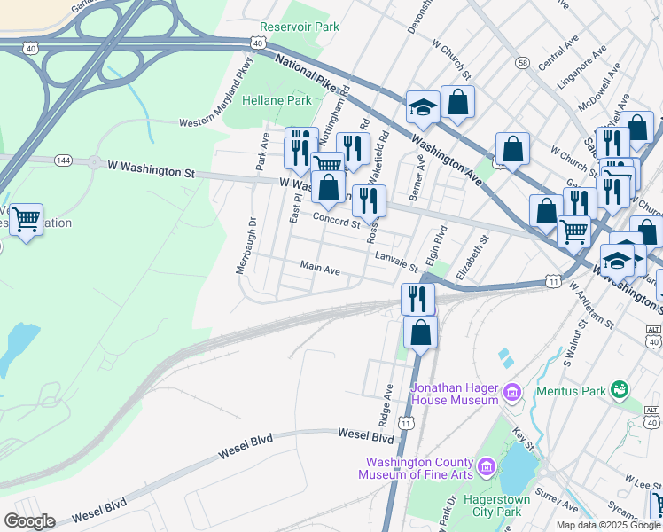 map of restaurants, bars, coffee shops, grocery stores, and more near 974 Main Avenue in Hagerstown