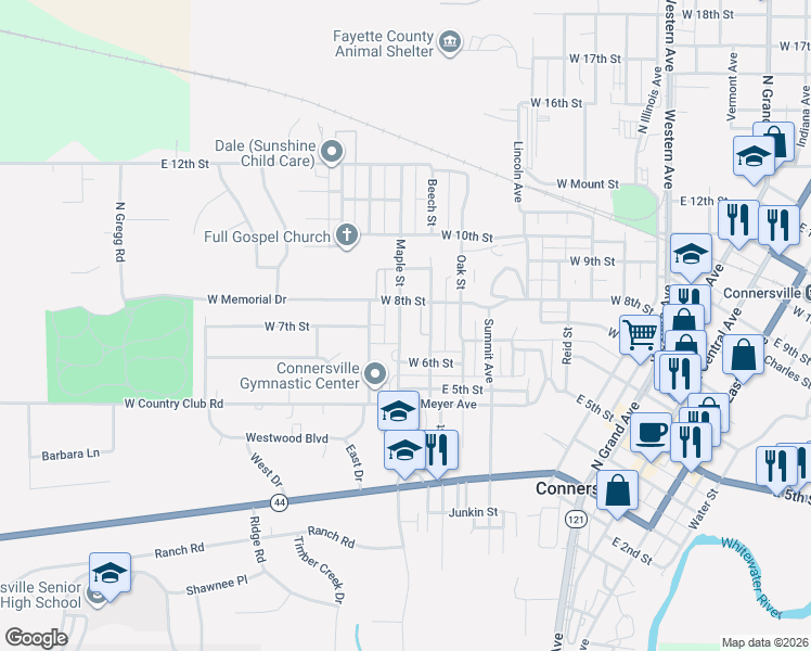 map of restaurants, bars, coffee shops, grocery stores, and more near 730 Maple Street in Connersville