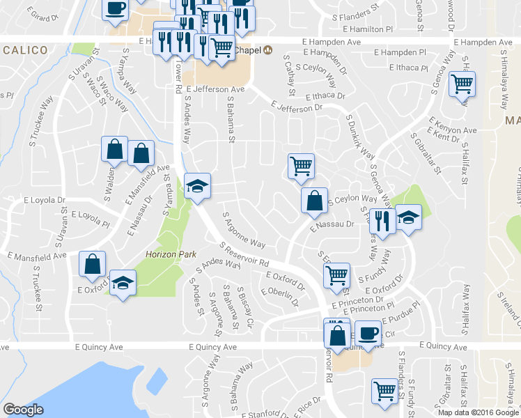 map of restaurants, bars, coffee shops, grocery stores, and more near 3898 S Biscay St in Aurora