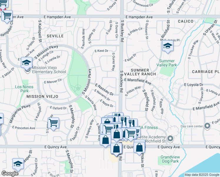 map of restaurants, bars, coffee shops, grocery stores, and more near 16808 East Mercer Drive in Aurora
