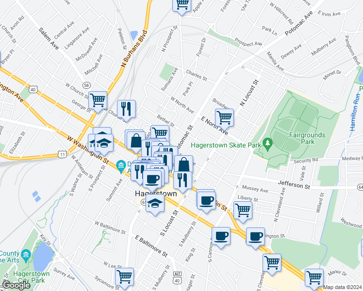 map of restaurants, bars, coffee shops, grocery stores, and more near 220 North Potomac Street in Hagerstown