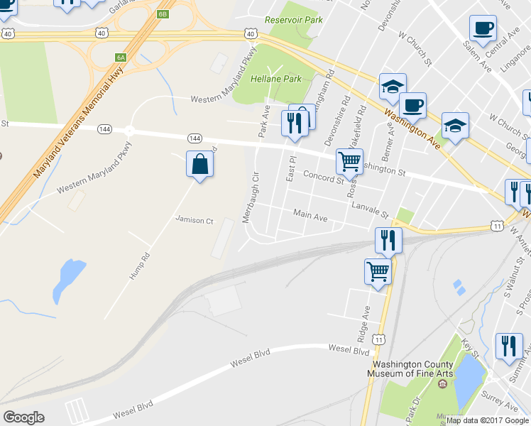 map of restaurants, bars, coffee shops, grocery stores, and more near 309 South Mont Valla Avenue in Hagerstown