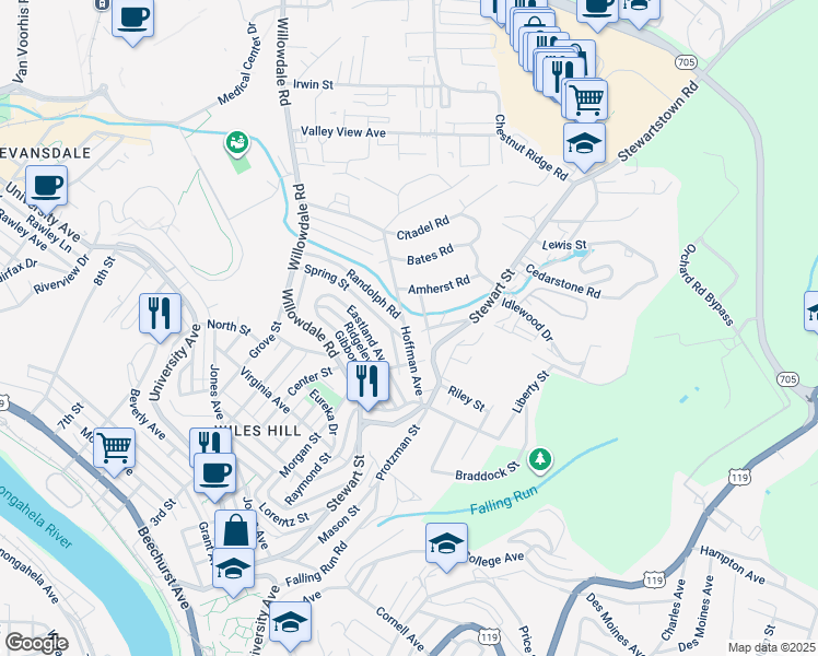 map of restaurants, bars, coffee shops, grocery stores, and more near 156 Hoffman Avenue in Morgantown