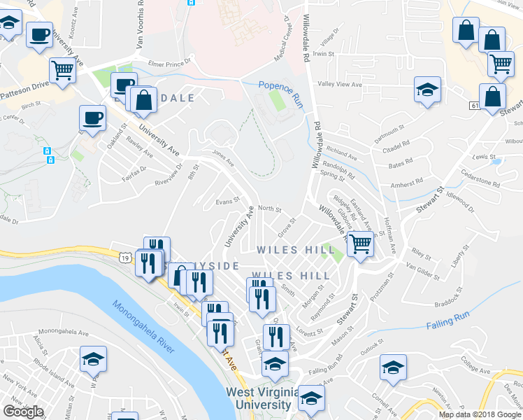 map of restaurants, bars, coffee shops, grocery stores, and more near 679 Jones Avenue in Morgantown