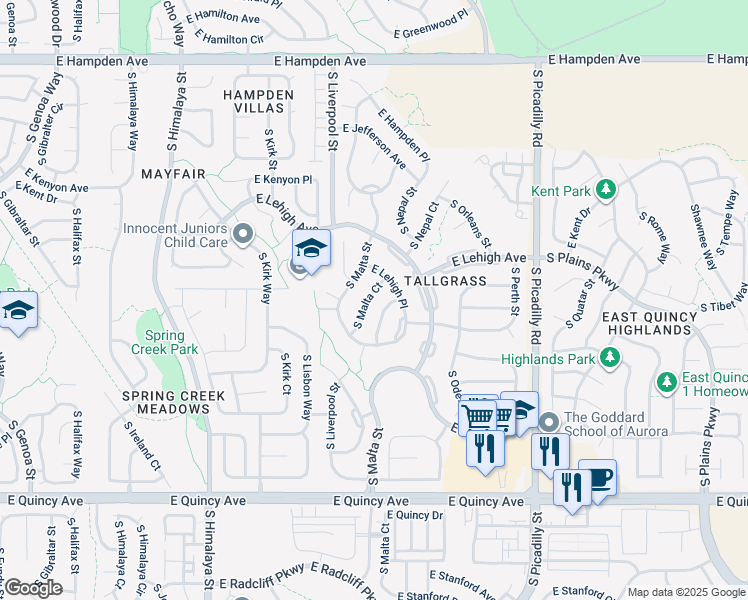 map of restaurants, bars, coffee shops, grocery stores, and more near 3928 South Malta Court in Aurora