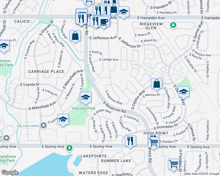 map of restaurants, bars, coffee shops, grocery stores, and more near 3913 South Bahama Street in Aurora