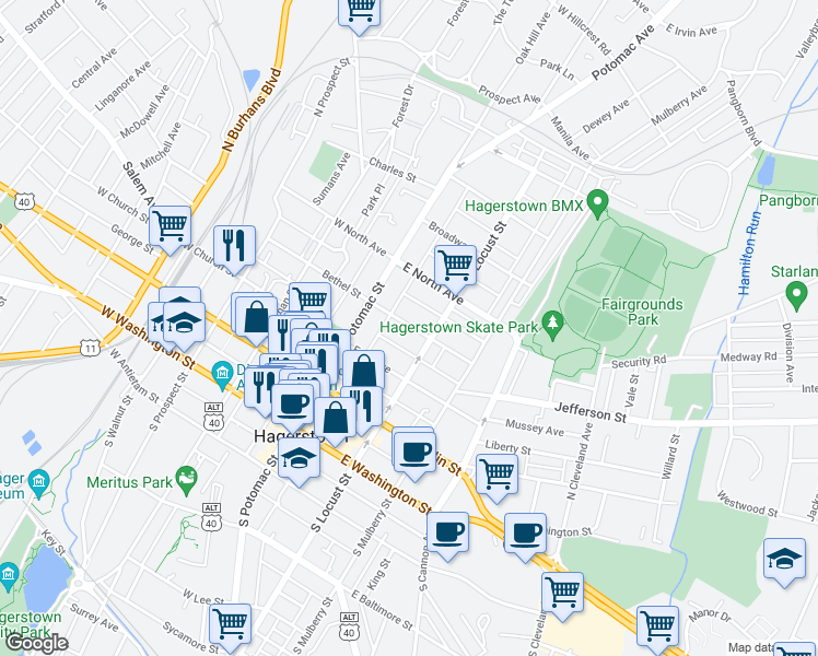 map of restaurants, bars, coffee shops, grocery stores, and more near 49 Randolph Avenue in Hagerstown