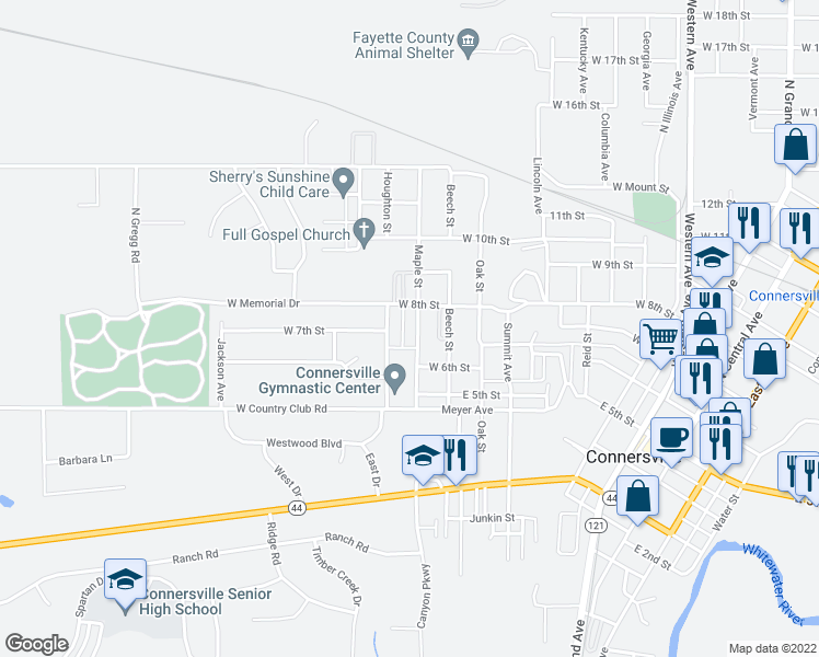 map of restaurants, bars, coffee shops, grocery stores, and more near 737 Maple Street in Connersville