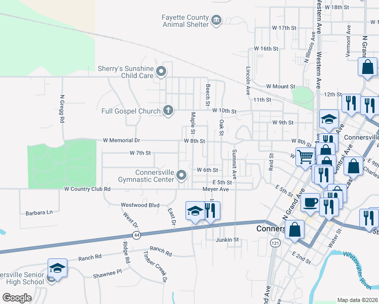 map of restaurants, bars, coffee shops, grocery stores, and more near 733 Maple Street in Connersville
