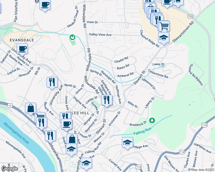 map of restaurants, bars, coffee shops, grocery stores, and more near 280 Eastland Avenue in Morgantown