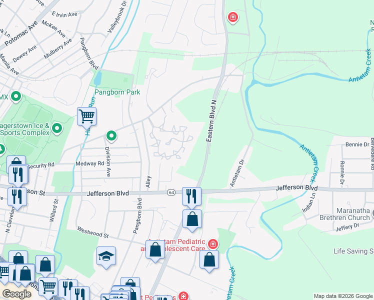 map of restaurants, bars, coffee shops, grocery stores, and more near 191 Sunbrook Lane in Hagerstown