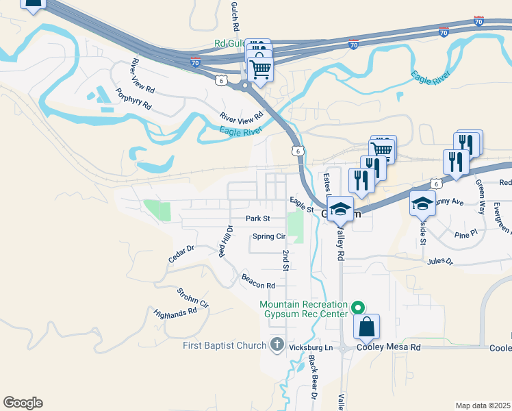 map of restaurants, bars, coffee shops, grocery stores, and more near 137 Eagle St in Gypsum