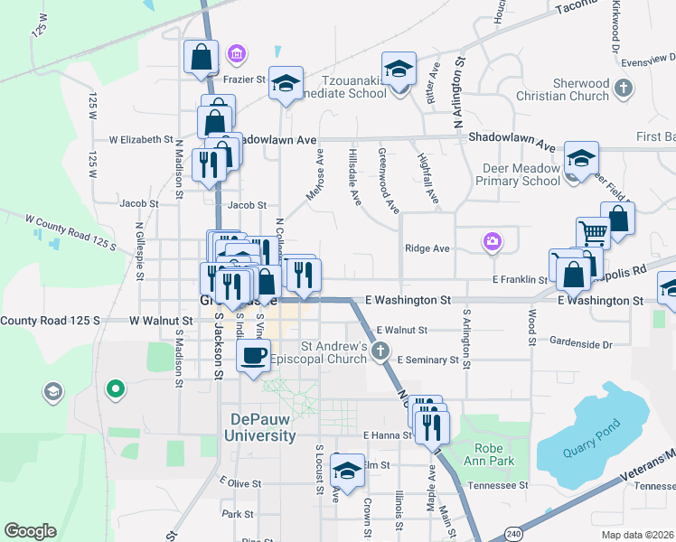 map of restaurants, bars, coffee shops, grocery stores, and more near 401 East Franklin Street in Greencastle