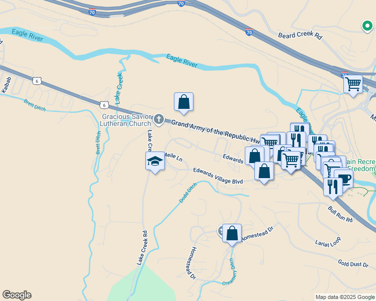 map of restaurants, bars, coffee shops, grocery stores, and more near 98 Aspen Glen Court in Edwards