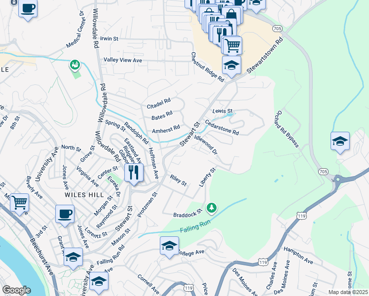 map of restaurants, bars, coffee shops, grocery stores, and more near 880 Stewart Street in Morgantown