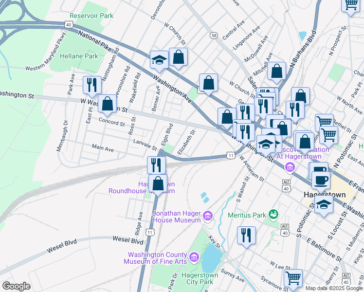 map of restaurants, bars, coffee shops, grocery stores, and more near 55 Elizabeth Street in Hagerstown