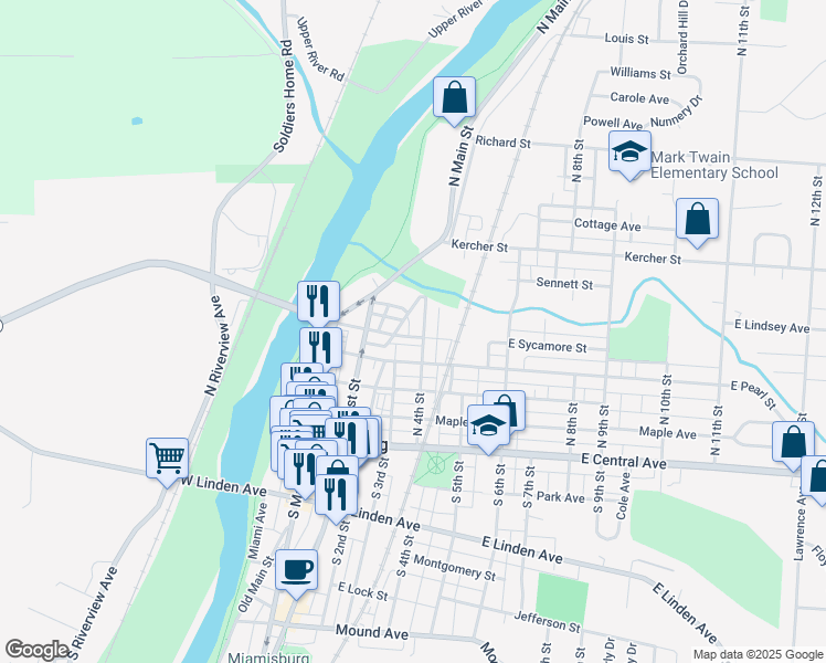 map of restaurants, bars, coffee shops, grocery stores, and more near 317 East Sycamore Street in Franklin