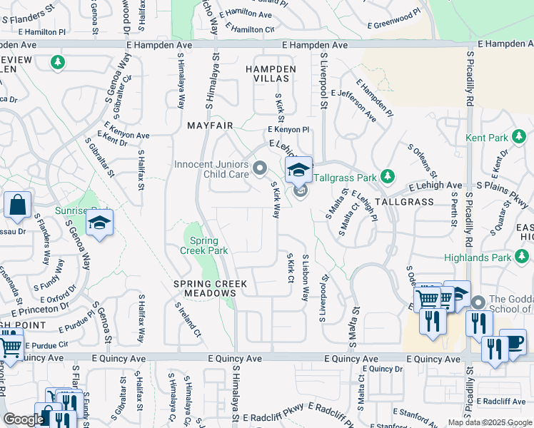 map of restaurants, bars, coffee shops, grocery stores, and more near 3935 South Kirk Way in Aurora
