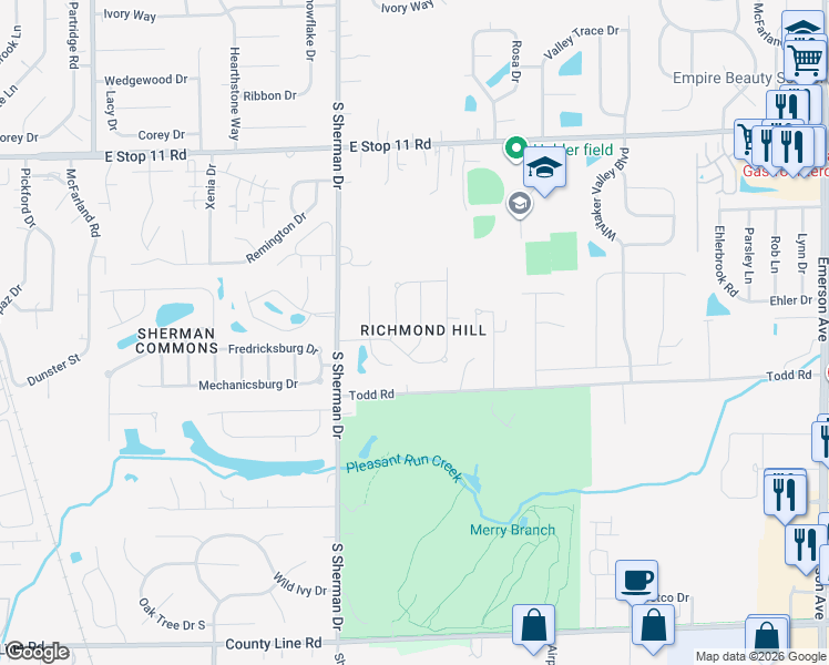 map of restaurants, bars, coffee shops, grocery stores, and more near 8354 Fieldfare Way in Indianapolis