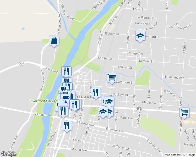 map of restaurants, bars, coffee shops, grocery stores, and more near 423 East Sycamore Street in Miamisburg
