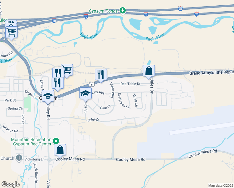 map of restaurants, bars, coffee shops, grocery stores, and more near 101 Evergreen Place in Gypsum