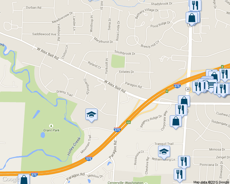 map of restaurants, bars, coffee shops, grocery stores, and more near 6915 Paragon Road in Dayton