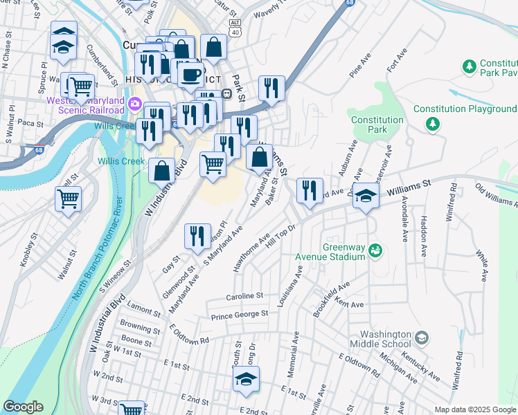 map of restaurants, bars, coffee shops, grocery stores, and more near 740 Maryland Avenue in Cumberland