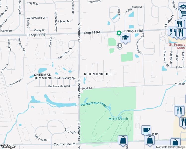 map of restaurants, bars, coffee shops, grocery stores, and more near 8354 Fieldfare Way in Indianapolis