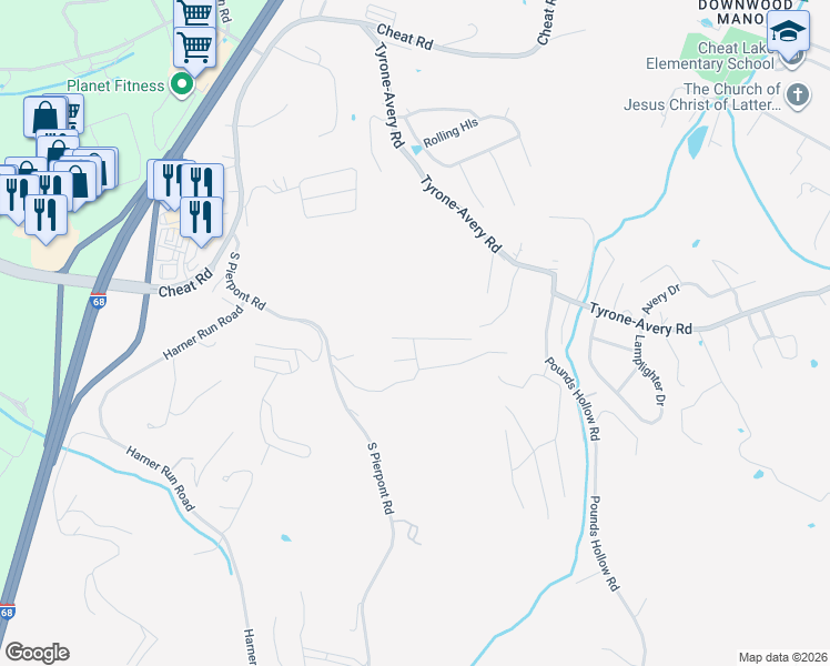 map of restaurants, bars, coffee shops, grocery stores, and more near 411 Arabela Court in Morgantown