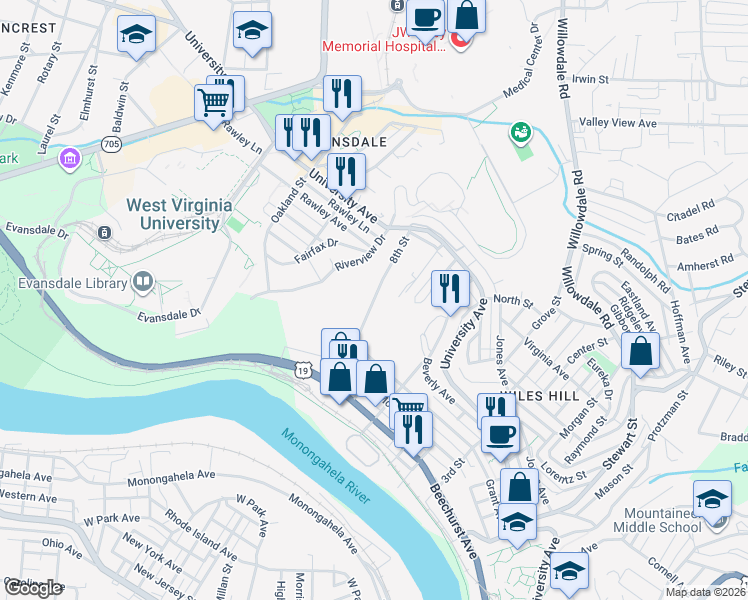 map of restaurants, bars, coffee shops, grocery stores, and more near 337 8th St in Morgantown