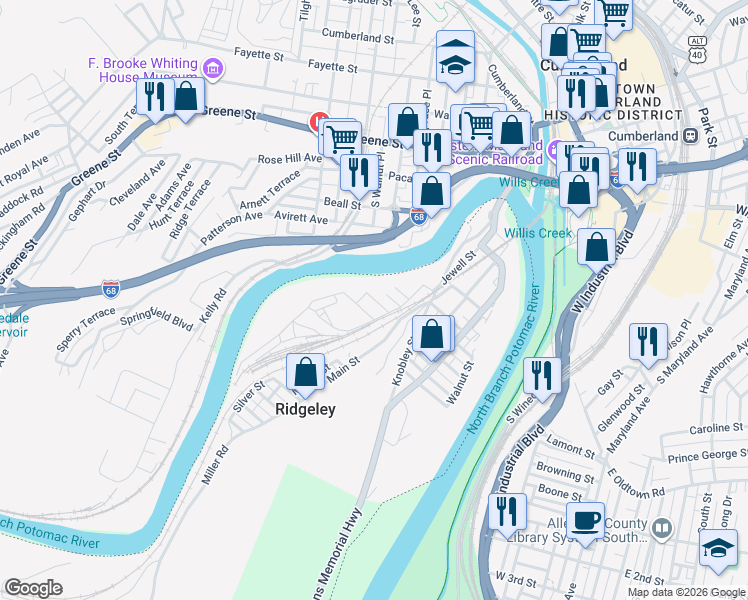 map of restaurants, bars, coffee shops, grocery stores, and more near 16 Barncord Street in Ridgeley