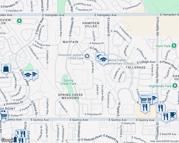 map of restaurants, bars, coffee shops, grocery stores, and more near 3935 South Kirk Way in Aurora