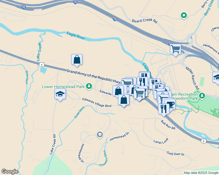 map of restaurants, bars, coffee shops, grocery stores, and more near 1045 Edwards Village Boulevard in Edwards