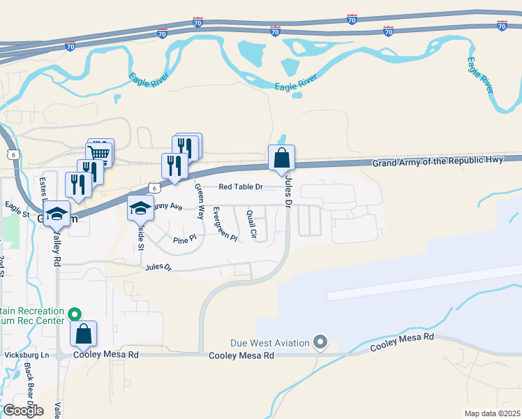 map of restaurants, bars, coffee shops, grocery stores, and more near 112-3 Quail Circle in Gypsum