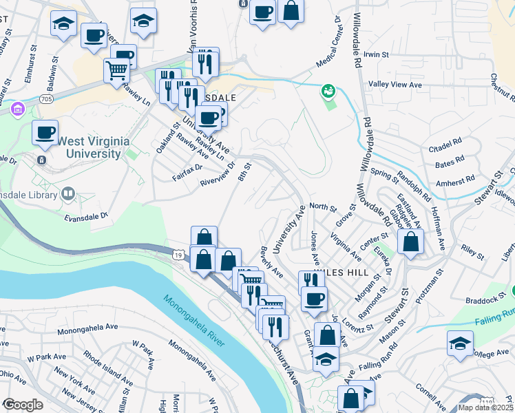 map of restaurants, bars, coffee shops, grocery stores, and more near 362 Dillie Street in Morgantown